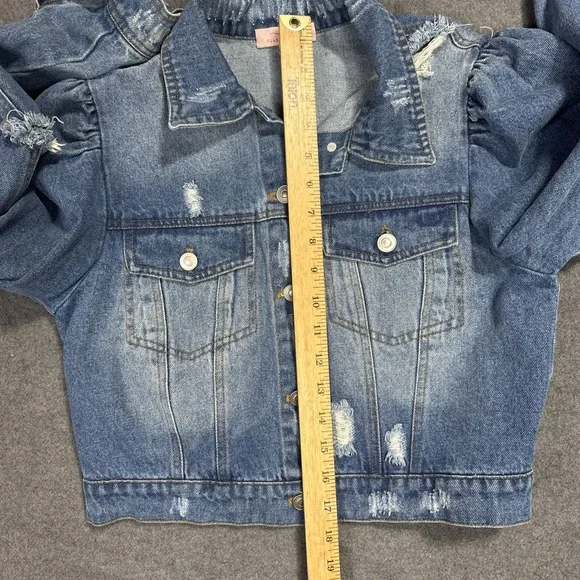 Clara Jayne Jean Jacket Women's M Cropped Ruffled Distressed Denim L/S - Picture 6 of 9